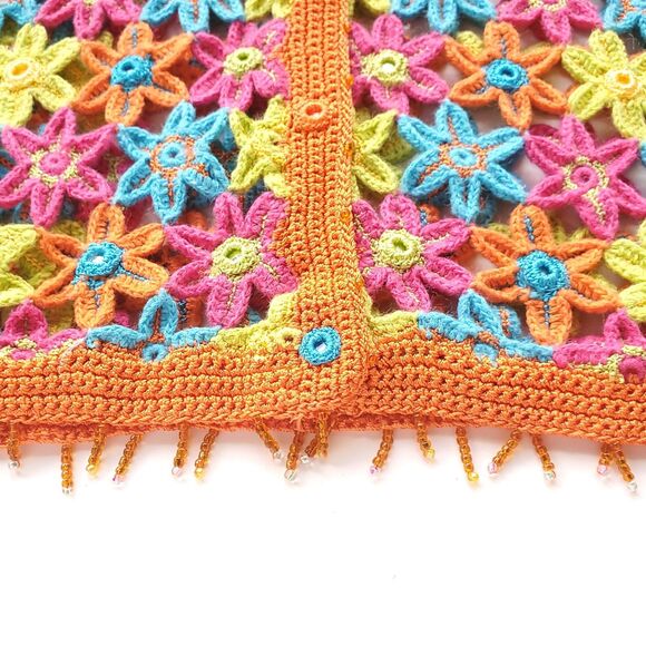 VTG Crochet Sweater XL Floral Colorful Embellished Cardigan Berek Takako Sakon - Picture 11 of 16